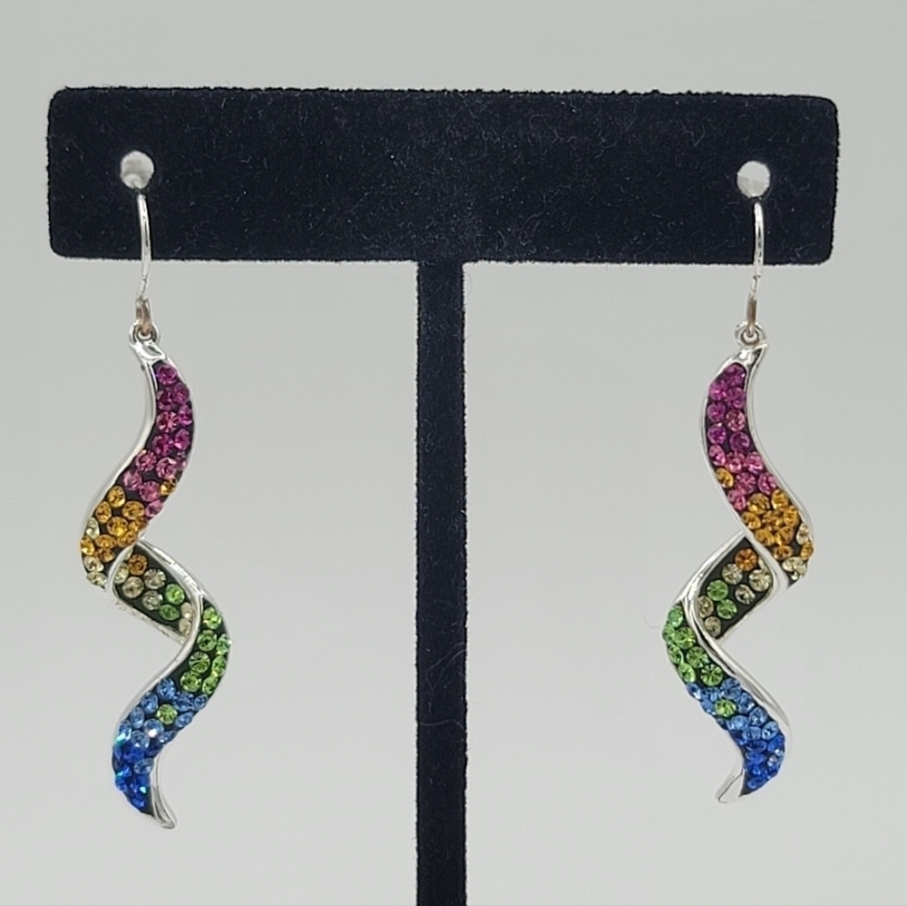 Multicolor Crystal Swirl Earrings Silvertone #2108